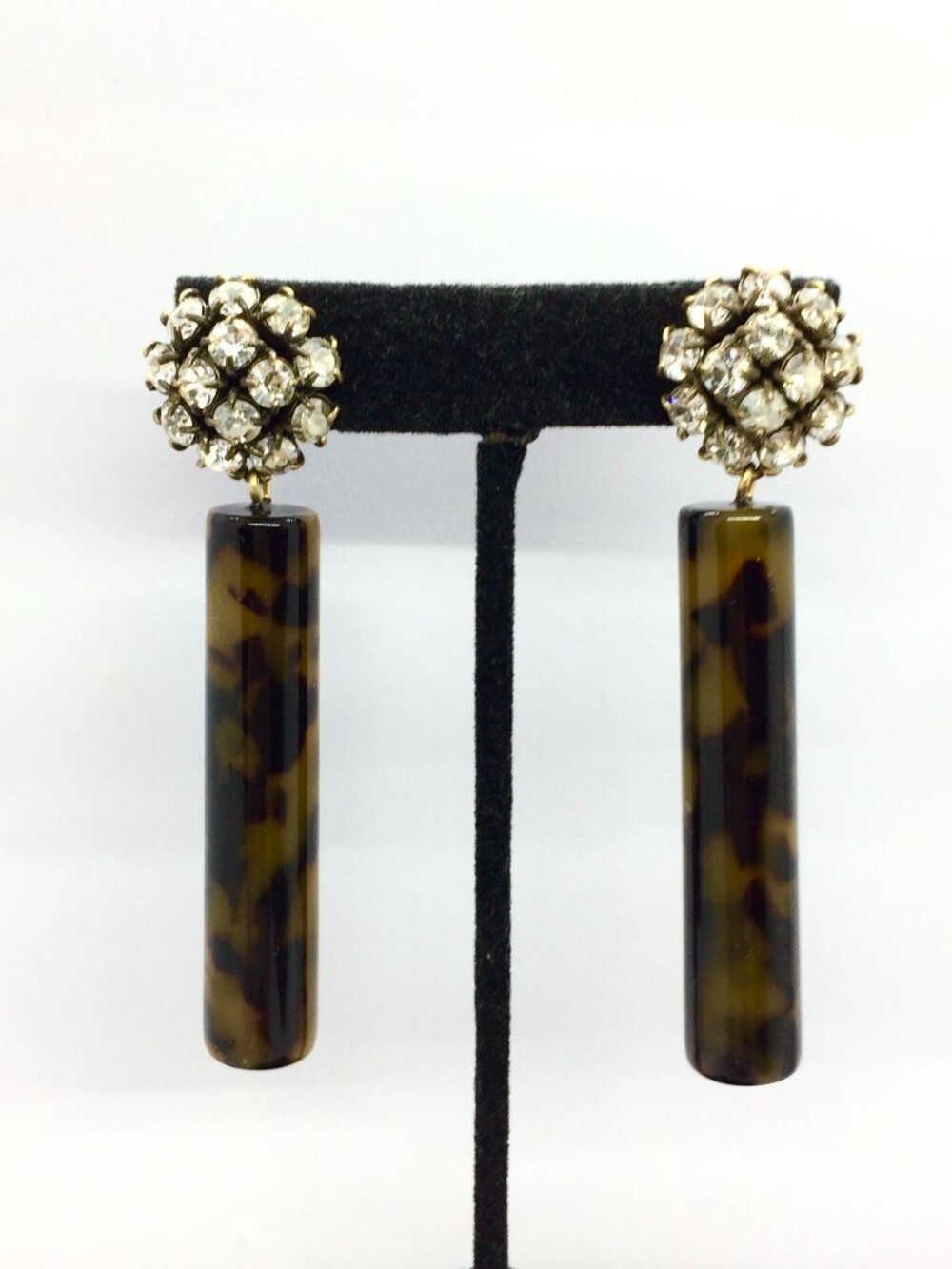 J.CREW TORTOISE EARRINGS Rhinestone Crystal Long Bar Dangle Statement Pierced